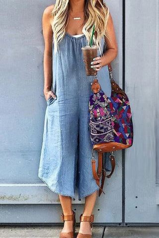 Sleeveless V-neck Wide Leg Denim Jumpsuit