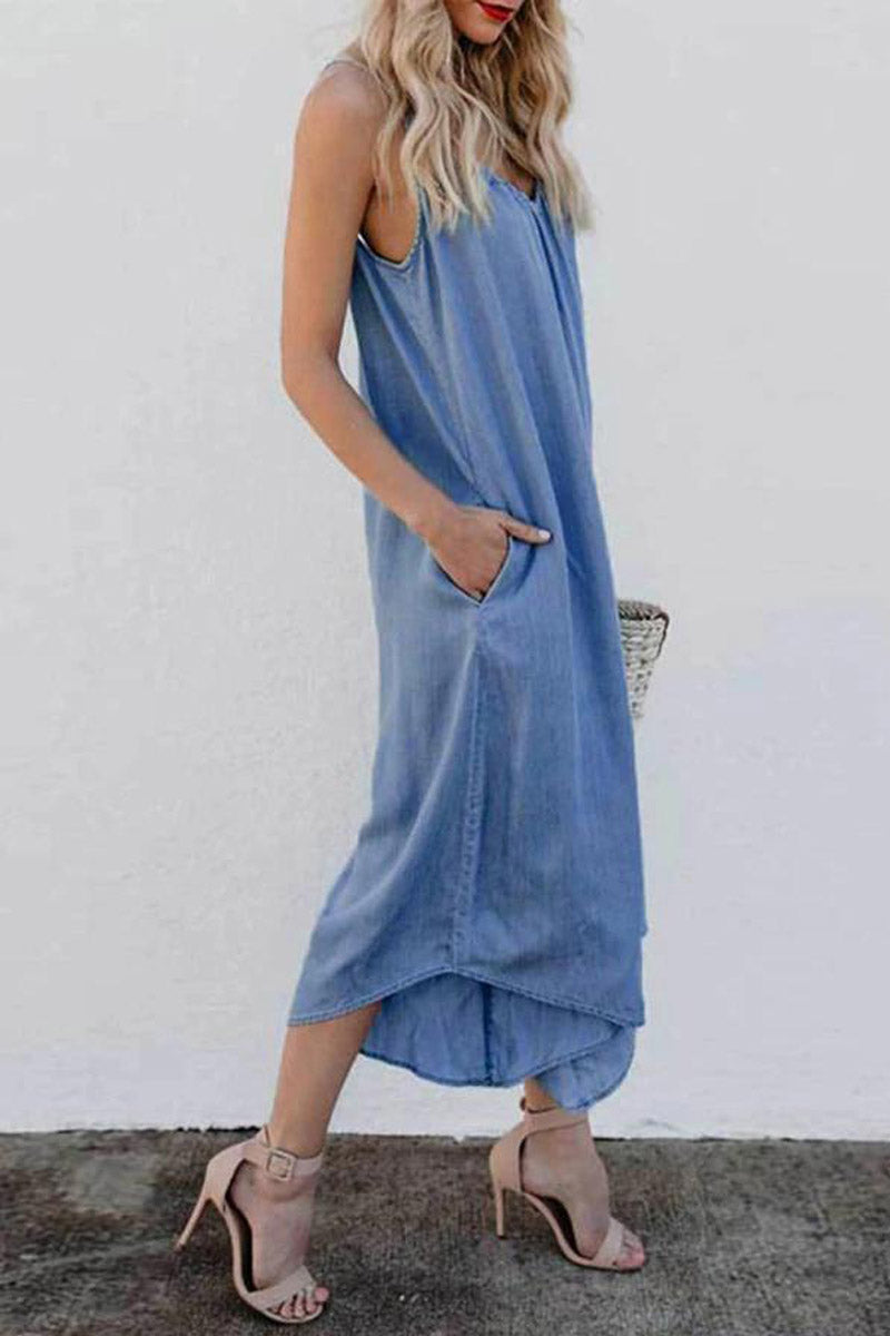 Sleeveless V-neck Wide Leg Denim Jumpsuit