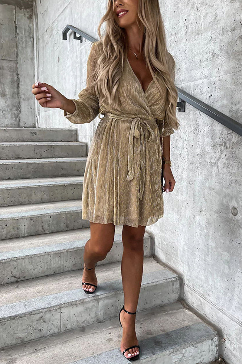 Pleated Long Sleeve Wrap Mini Dress