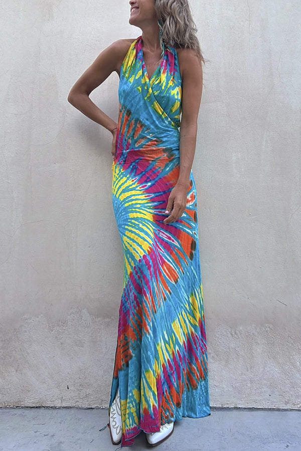 Tie-dye Print Halter Backless Stretch Maxi Dress