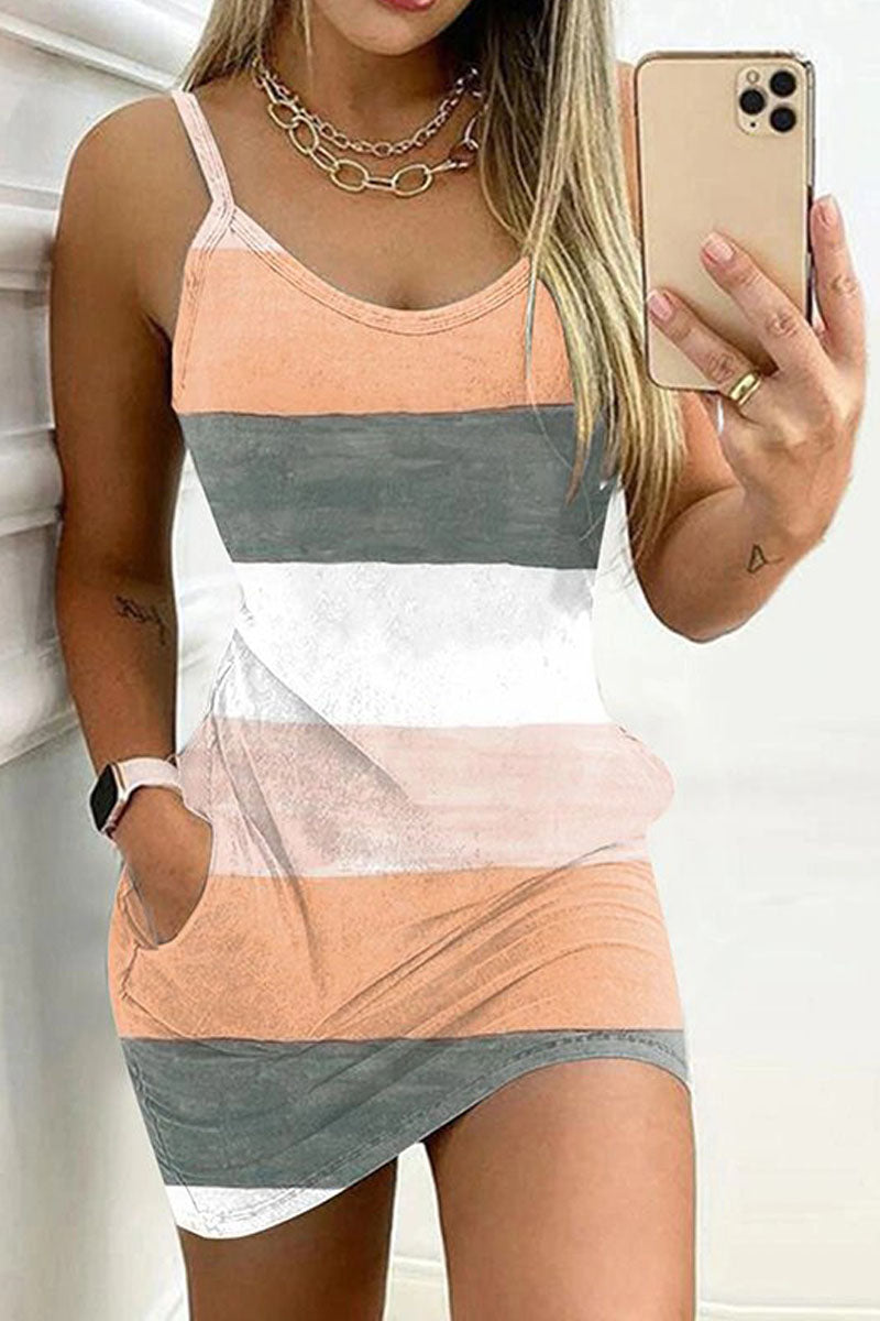 Sling Stripe Print Pocket Casual Mini Dress