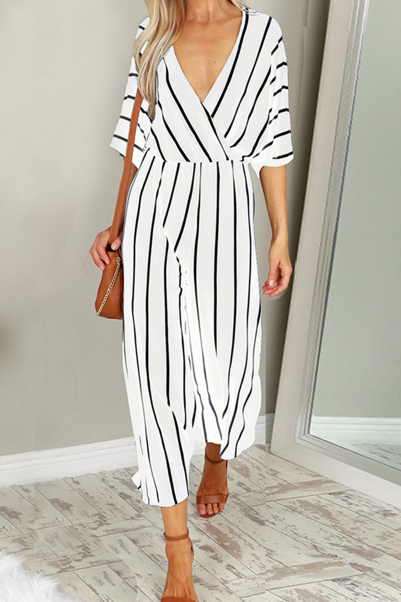 V-neck Wide-leg Striped Jumpsuit