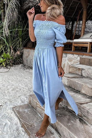 Smocked Off Shoulder Slit Dress