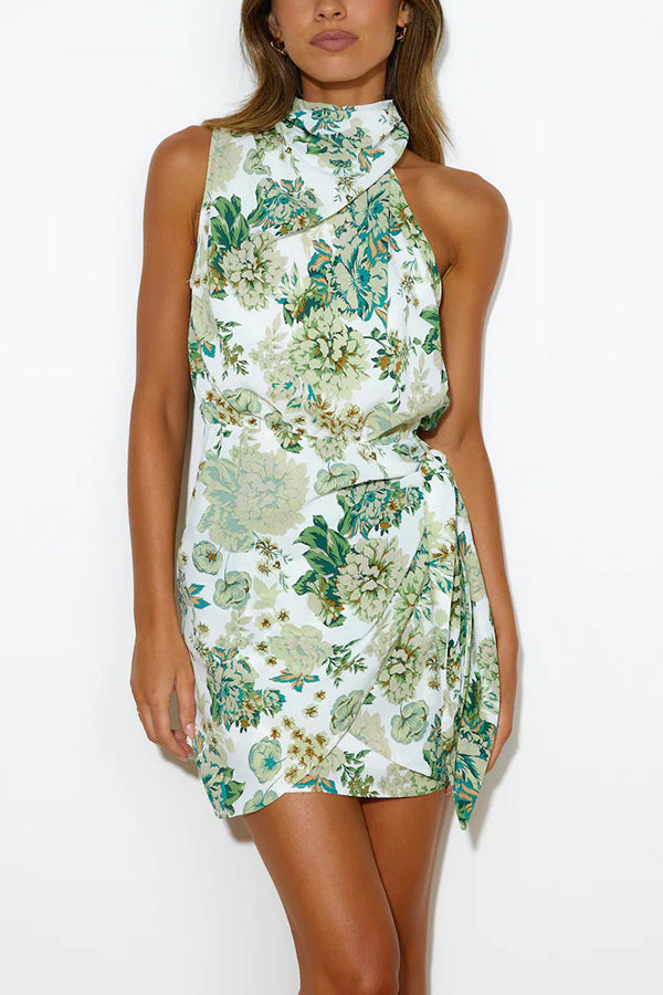 Floral High Neck Wrap Tie Mini Dress