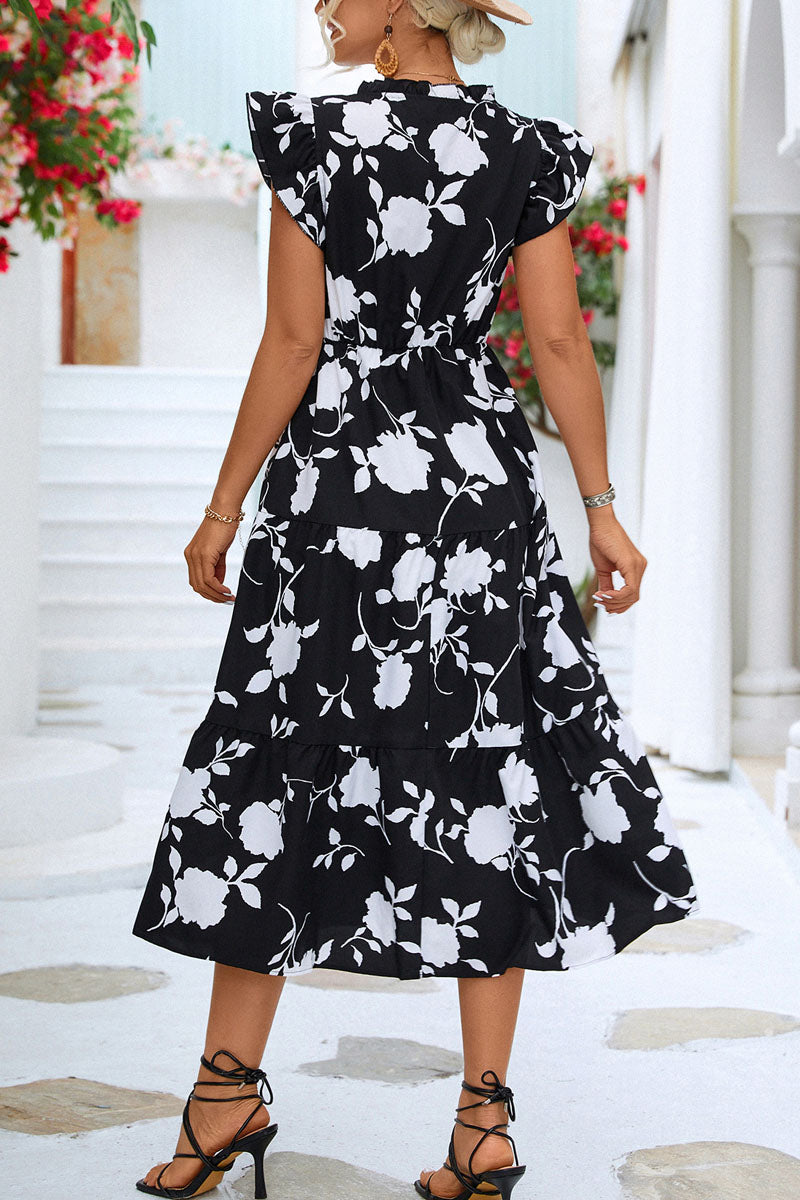 Floral V Neck Beach Ruffle Sleeve Midi Dress