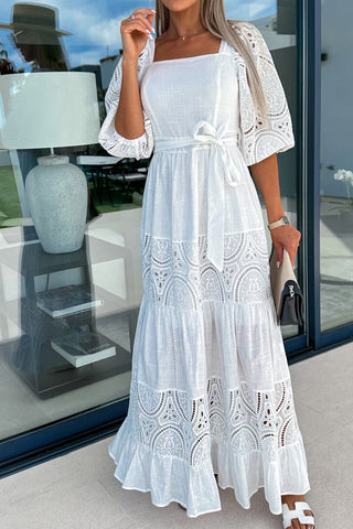 Crochet Lace Patchwork Belted Puff Sleeve Maxi Dress