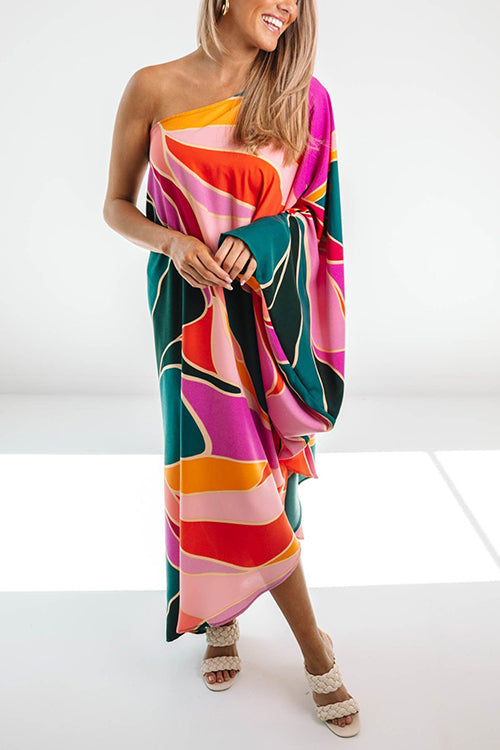 Multi Print Asymmetrical One Shoulder Dress