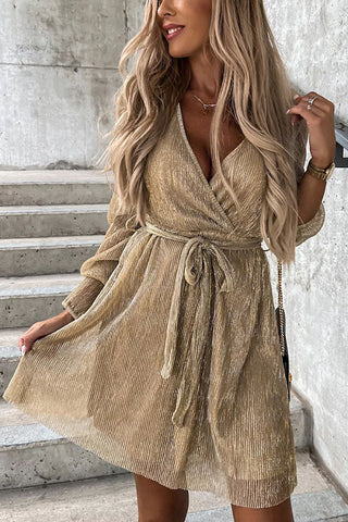 Pleated Long Sleeve Wrap Mini Dress