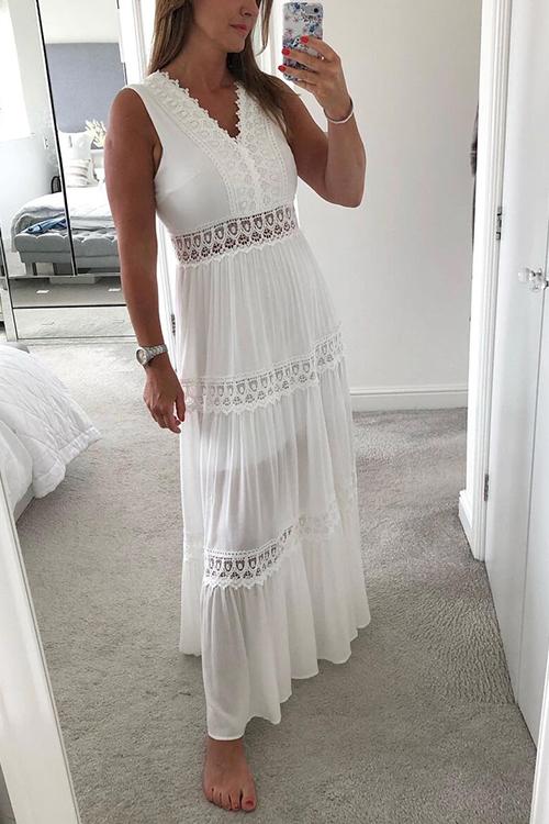 Lace V Neck Sleeveless Maxi Dress