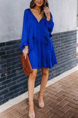 Deep V-Neck Batwing Sleeve Ruffle Loose Dress