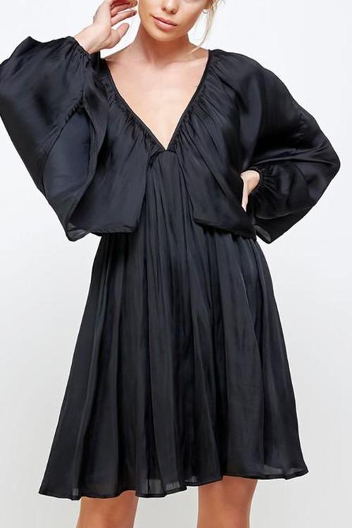 Deep V-Neck Batwing Sleeve Ruffle Loose Dress