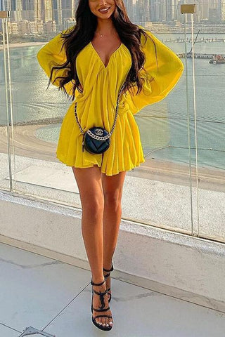 Deep V-Neck Batwing Sleeve Ruffle Loose Dress