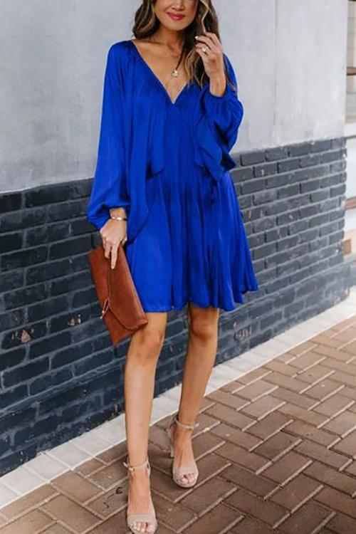 Deep V-Neck Batwing Sleeve Ruffle Loose Dress