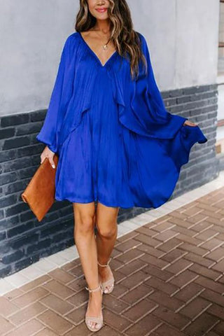 Deep V-Neck Batwing Sleeve Ruffle Loose Dress