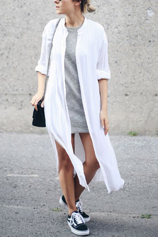 Solid Color Round Neck Button Up Dress