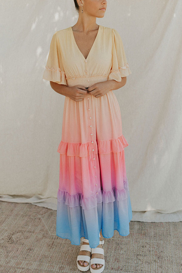 Ombre Sunset Ruffles Maxi Dress