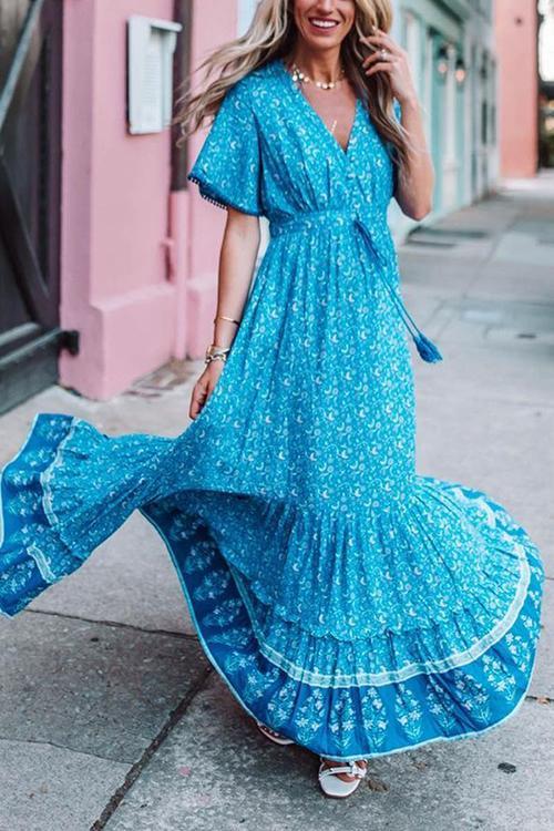 Floral Print Short Sleeve Maxi Dress