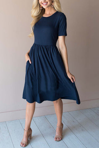 O Neck Short Sleeve Pockets Dress