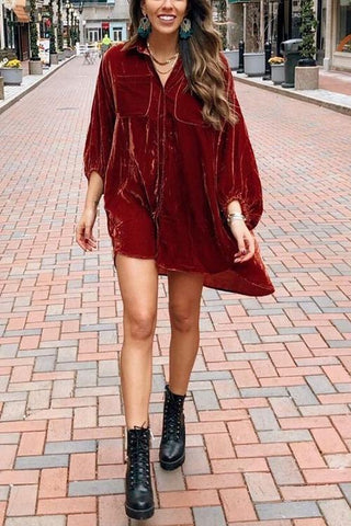 V Neck Pockets Velvet Shirt Dress