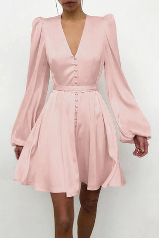 Satin V Neck Puff Long Sleeve Mini Dress