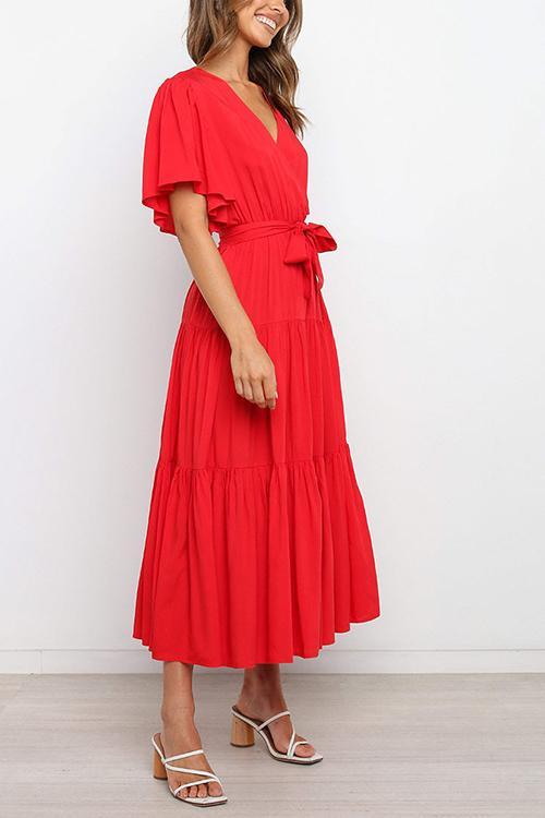 Solid Ruffles Belted Maxi Dress