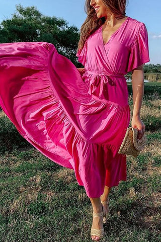 Solid Ruffles Belted Maxi Dress