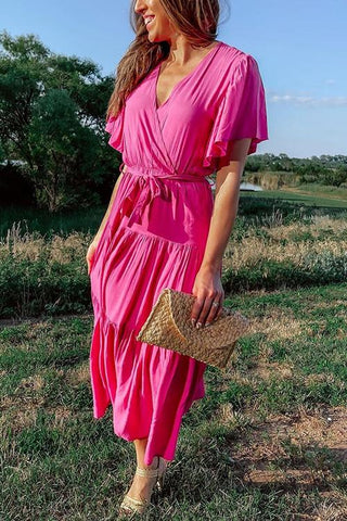 Solid Ruffles Belted Maxi Dress