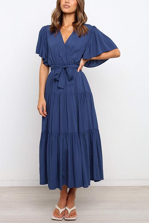 Solid Ruffles Belted Maxi Dress