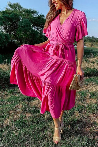 Solid Ruffles Belted Maxi Dress