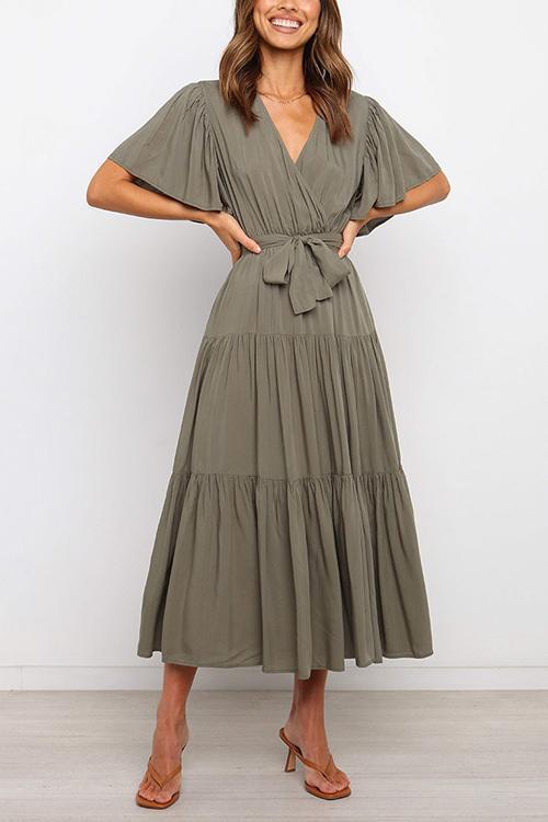 Solid Ruffles Belted Maxi Dress