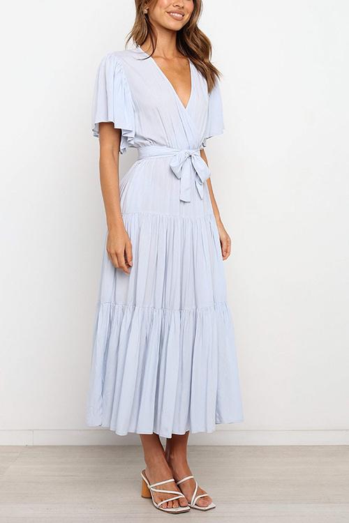 Solid Ruffles Belted Maxi Dress