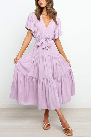 Solid Ruffles Belted Maxi Dress