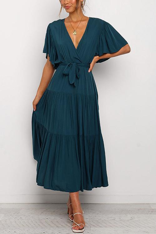 Solid Ruffles Belted Maxi Dress