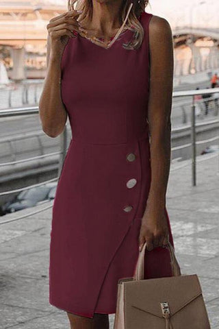 Solid Button Sleeveless Dress