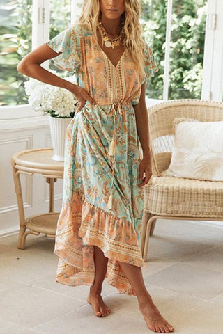 Boho Print Button Tassesl Maxi Dress