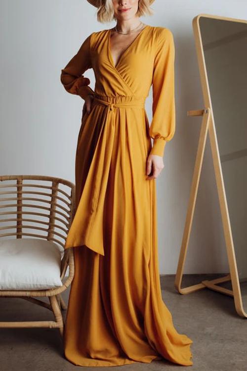 Button Puff Sleeve Belted Maxi Dress