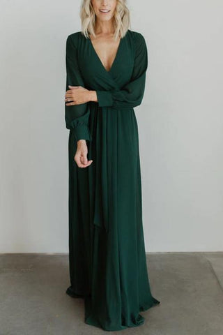 Button Puff Sleeve Belted Maxi Dress