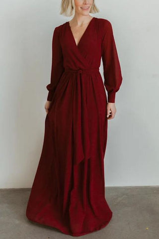 Button Puff Sleeve Belted Maxi Dress