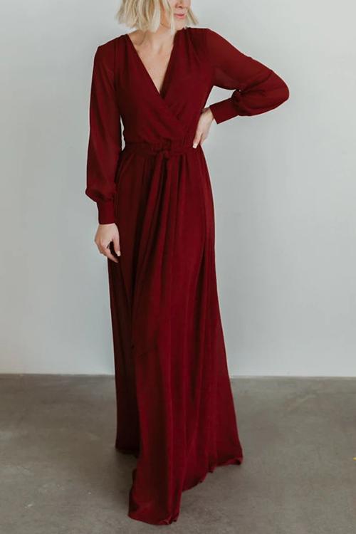 Button Puff Sleeve Belted Maxi Dress