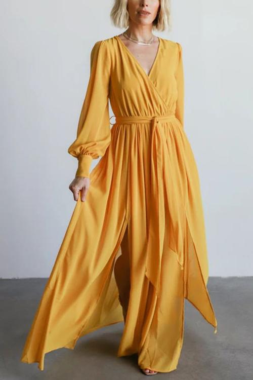 Button Puff Sleeve Belted Maxi Dress