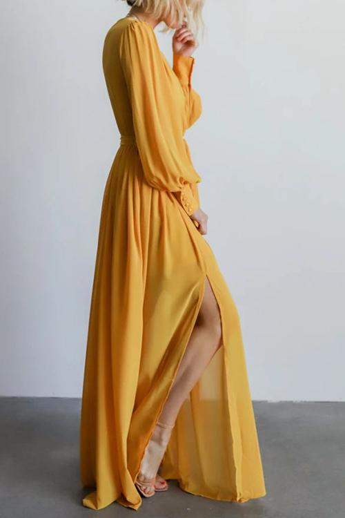 Button Puff Sleeve Belted Maxi Dress