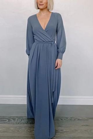 Button Puff Sleeve Belted Maxi Dress