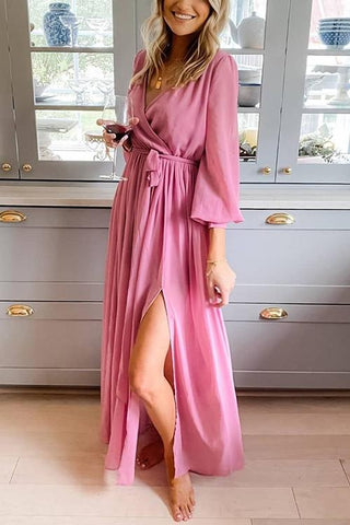 Button Puff Sleeve Belted Maxi Dress