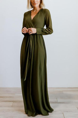 Button Puff Sleeve Belted Maxi Dress