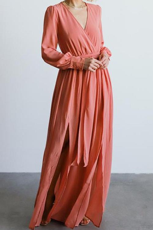 Button Puff Sleeve Belted Maxi Dress