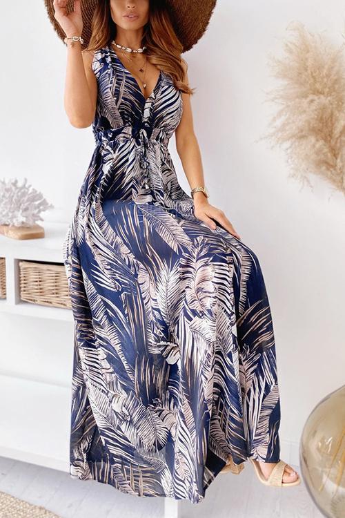 Leaf Print V Neck Sleeveless Maxi Dress