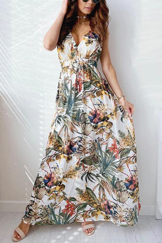 Leaf Print V Neck Sleeveless Maxi Dress