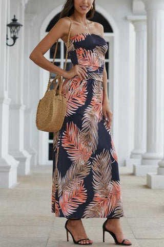 Print Strapless Pockets Maxi Dress