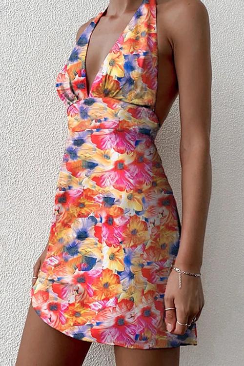 Print Halter Neck Backless Mini Dress