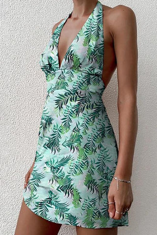 Print Halter Neck Backless Mini Dress